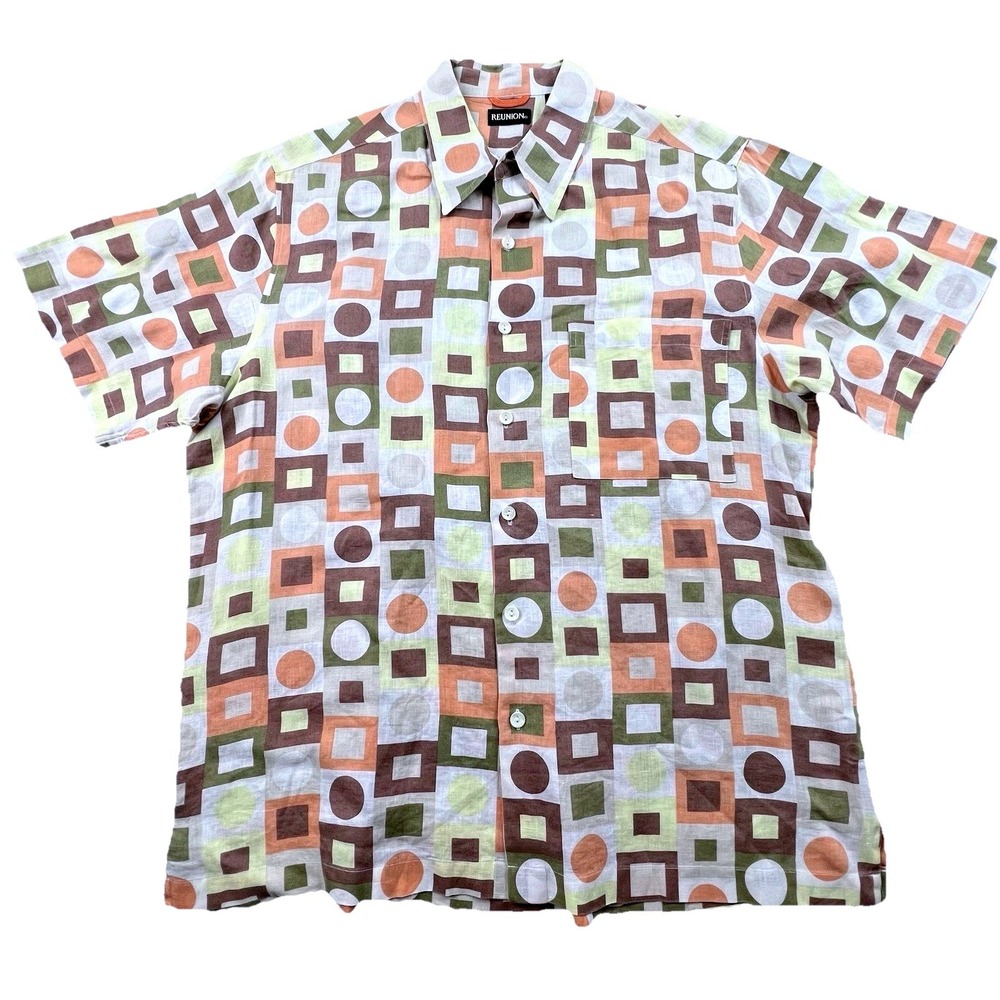 REUNION 100% Linen SZ L Geometric Print Shirt Mens Short Sleeve Button Up Retro
